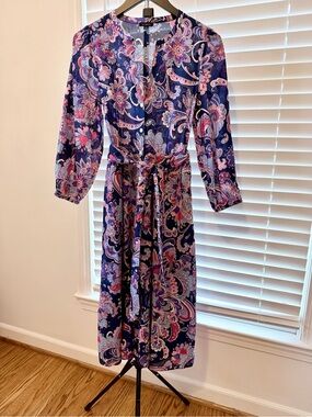 Talbots Paisley Midi Shirt Dress Blue Pink Purple Tie Waist Size 2